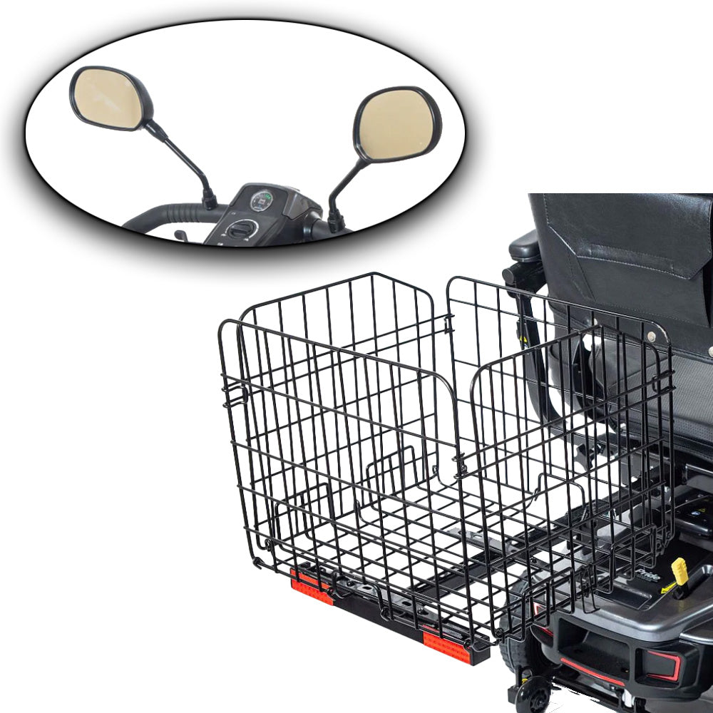 Folding Rear Basket For Most Mobility Scooters & Deluxe Scooter Rear View Mirror Pair BUNDLE